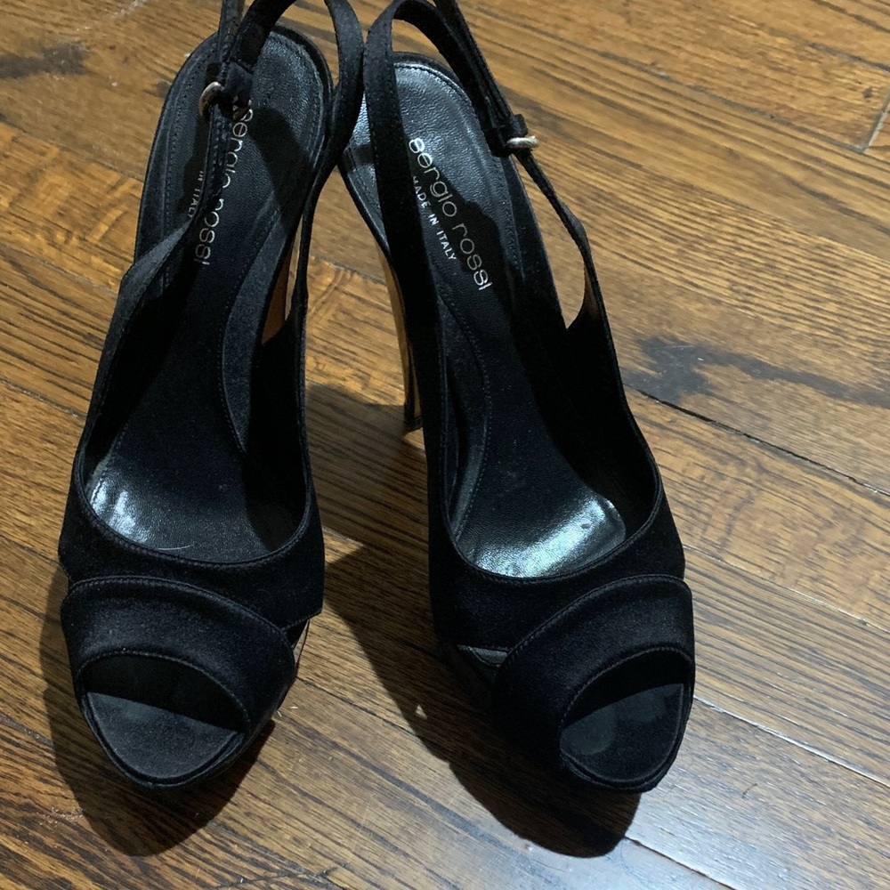 Sergio Rossi black slingback leather peep toe mini platform pump heel sz 38